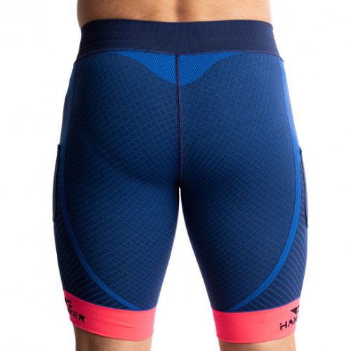 Malla corta compresiva Pog unisex azul logo Hanker-Sports en negro trasero.