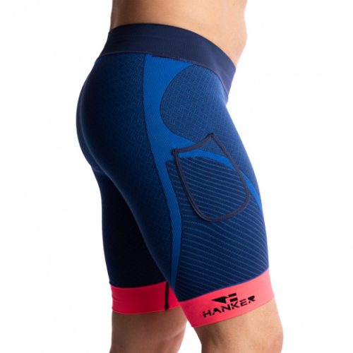 Malla corta compresiva Pog unisex azul logo Hanker-Sports en negro lateral.