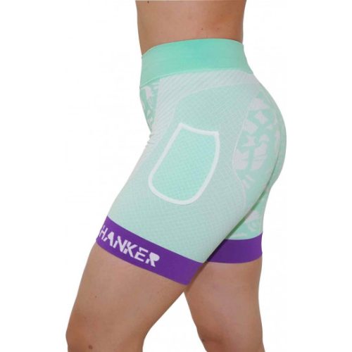 Malla corta compresiva Shiwa mujer en color verde mint con el logo Hanker-Sports en blanco.