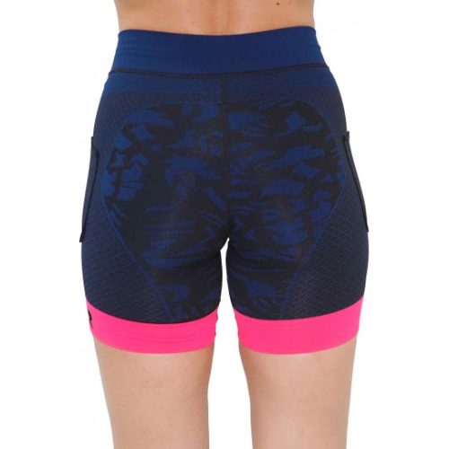 Malla corta compresiva Shiwa mujer en color azul con el logo Hanker-Sports en negre trasero.