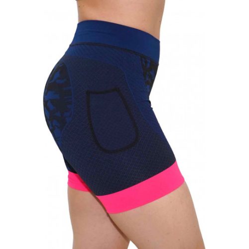 Malla corta compresiva Shiwa mujer en color azul con el logo Hanker-Sports en negre lateral.