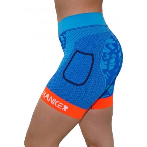 Malla corta compresiva Shiwa mujer en color turquesa con el logo Hanker-Sports en blanco.