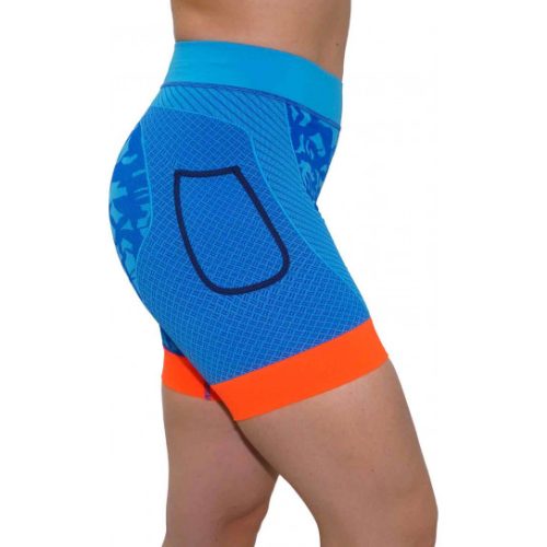 Malla corta compresiva Shiwa mujer en color turquesa con el logo Hanker-Sports en blanco lateral.